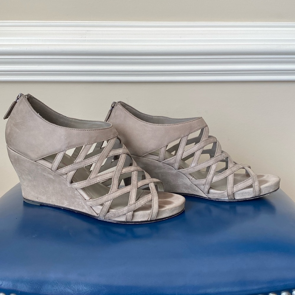 Eileen Fisher Taupe Suede Cage Lattice Wedges